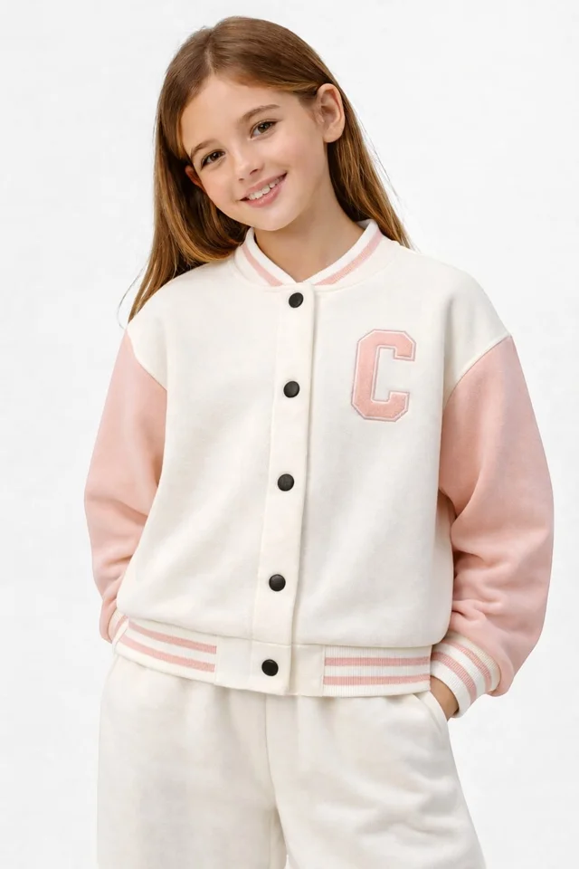 Campera universitaria de niña con puños, cuello y cintura tejida combinada con aplique bordado