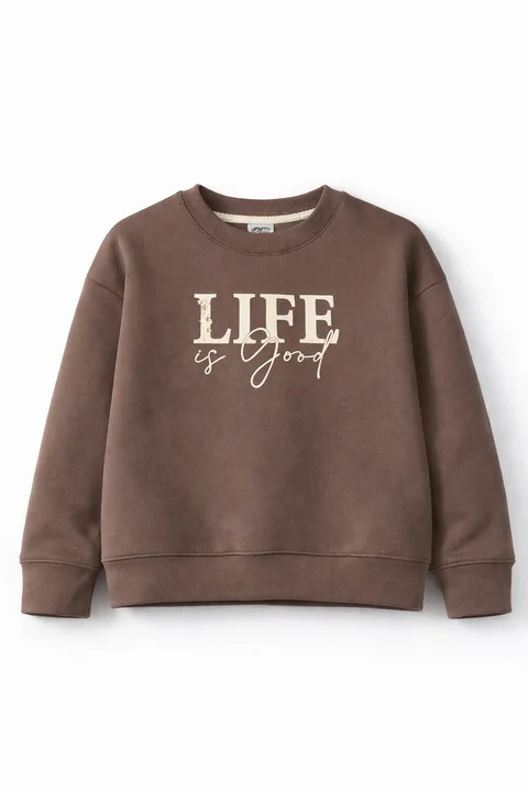 Buzo de friza de niña con estampa “Life” y mangas caídas