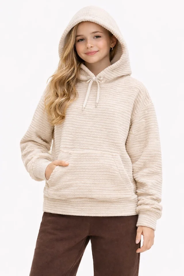 Buzo de niña de plush bifaz con capucha y bolsillo canguro