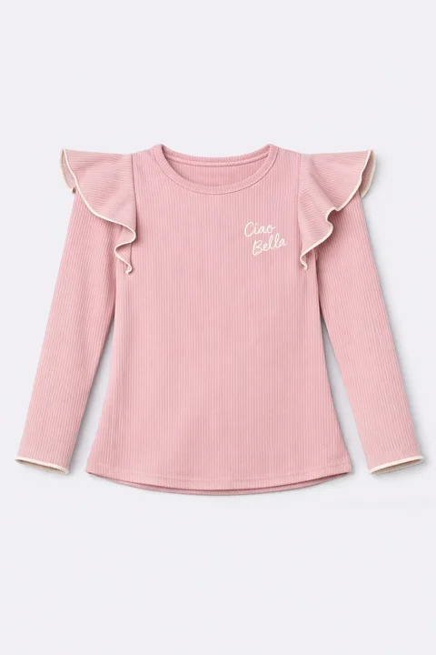 Remera de nena de morley vintage con volados con rulotex y bordado al tono en combinacion