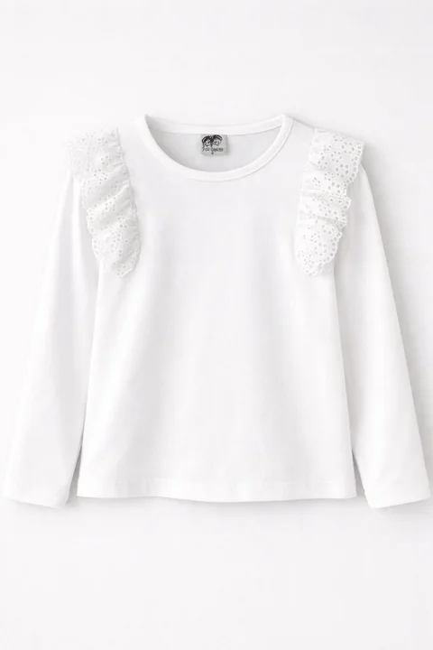 Remera de niña manga larga lisa con brodery calado al tono en frente