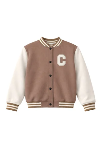 Campera universitaria de niña con puños, cuello y cintura tejida combinada con aplique bordado - Vista 6