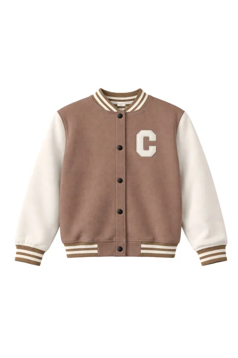Campera universitaria de niña con puños, cuello y cintura tejida combinada con aplique bordado