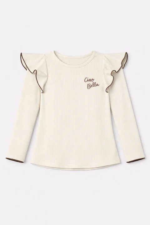 Remera de nena de morley vintage con volados con rulotex y bordado al tono en combinacion