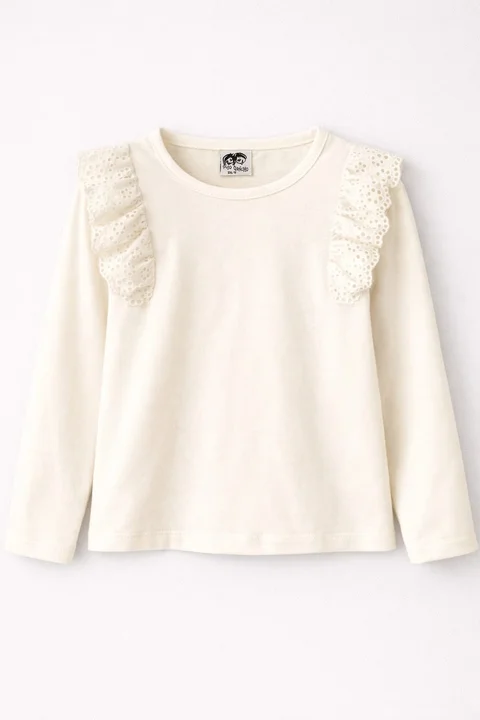 Remera de niña manga larga lisa con brodery calado al tono en frente