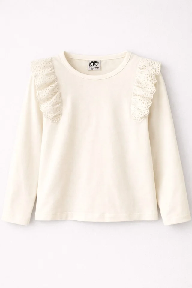 Remera de niña manga larga lisa con brodery calado al tono en frente