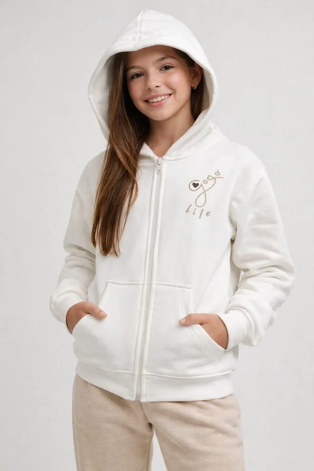 Campera de friza teen con estampa tipo logo con capucha