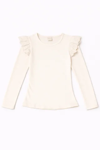 Remera manga larga de nena lisa con brodery calado ancho al tono en el hombro - Vista 6
