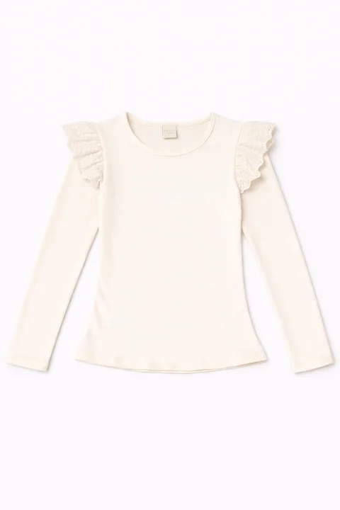 Remera manga larga de nena lisa con brodery calado ancho al tono en el hombro