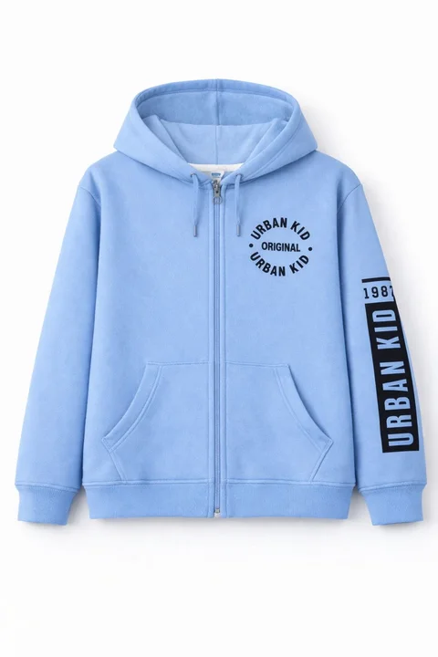 Campera friza lisa de varón con estampa en frente y manga