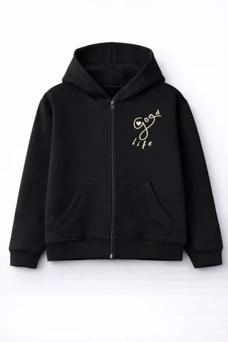 Campera de friza de niña con estampa tipo logo con capucha - Vista 3