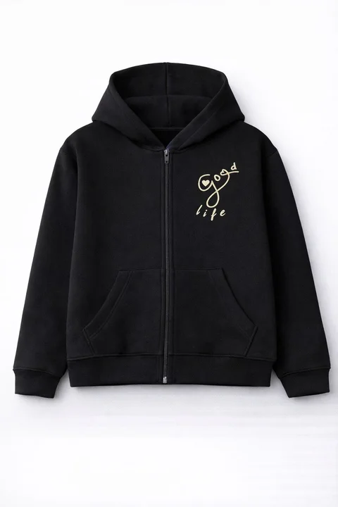 Campera de friza de niña con estampa tipo logo con capucha