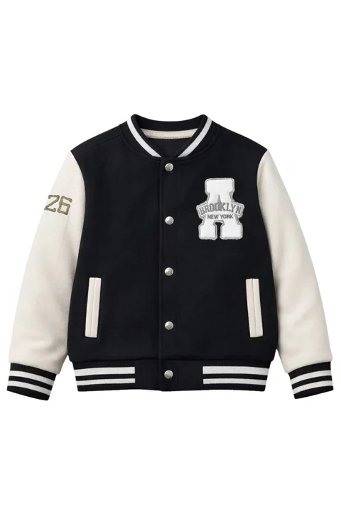 Campera universitaria de teen con aplique y doble bordado con cuello, puños y cintura tejida