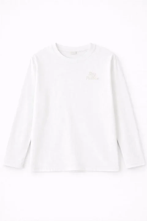 Remera de niño manga larga lisa con bordado “Stay Positive” al tono