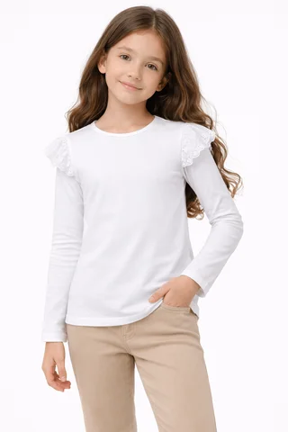 Remera manga larga de nena lisa con brodery calado ancho al tono en el hombro - Vista 1