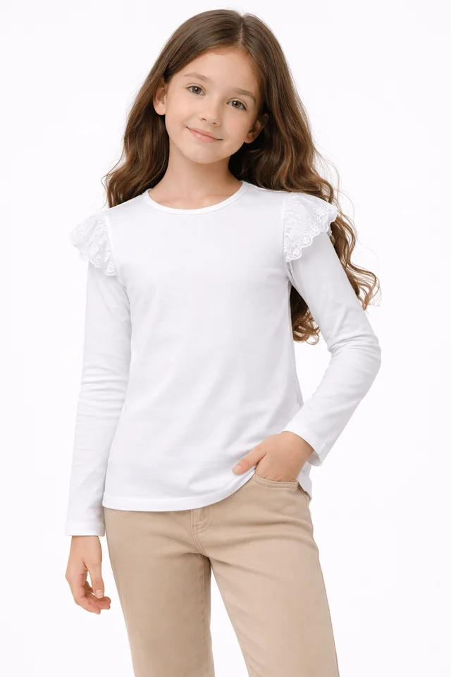 Remera manga larga de nena lisa con brodery calado ancho al tono en el hombro