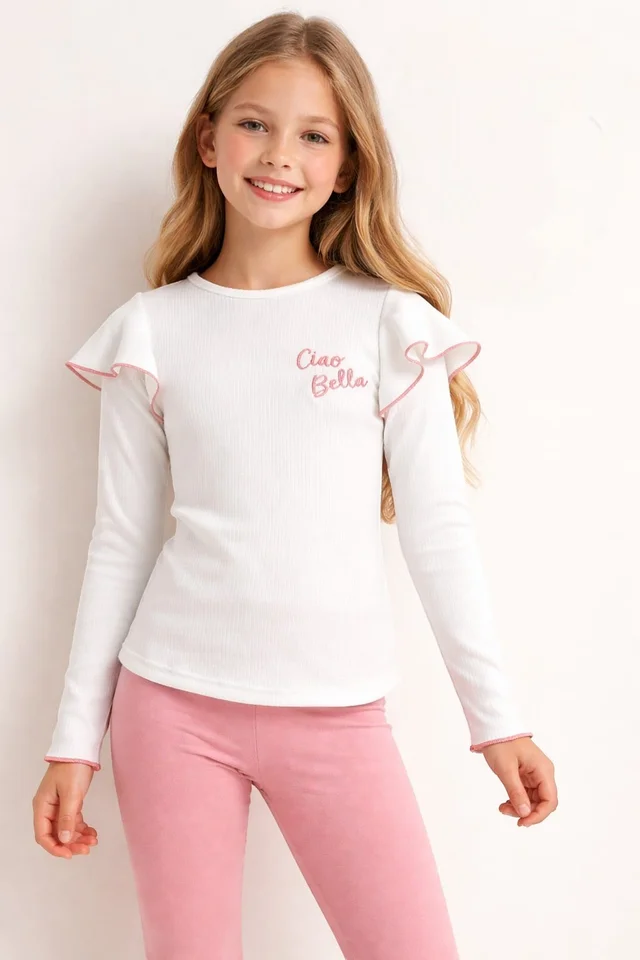 Remera de nena de morley vintage con volados con rulotex y bordado al tono en combinacion