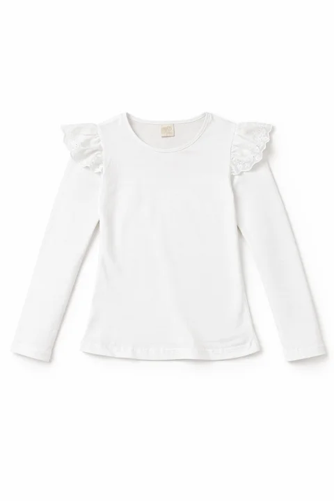 Remera manga larga de nena lisa con brodery calado ancho al tono en el hombro
