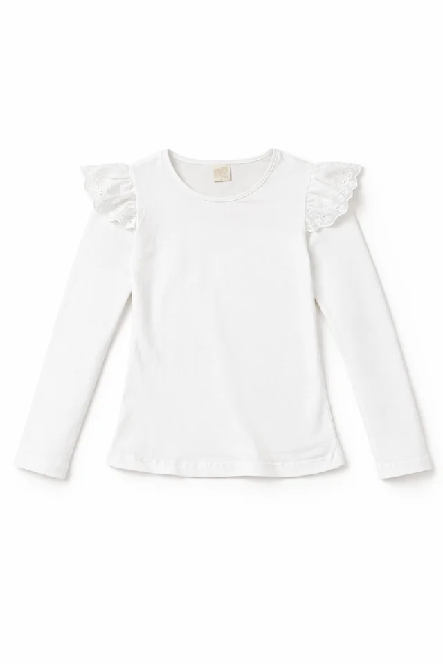 Remera manga larga de nena lisa con brodery calado ancho al tono en el hombro