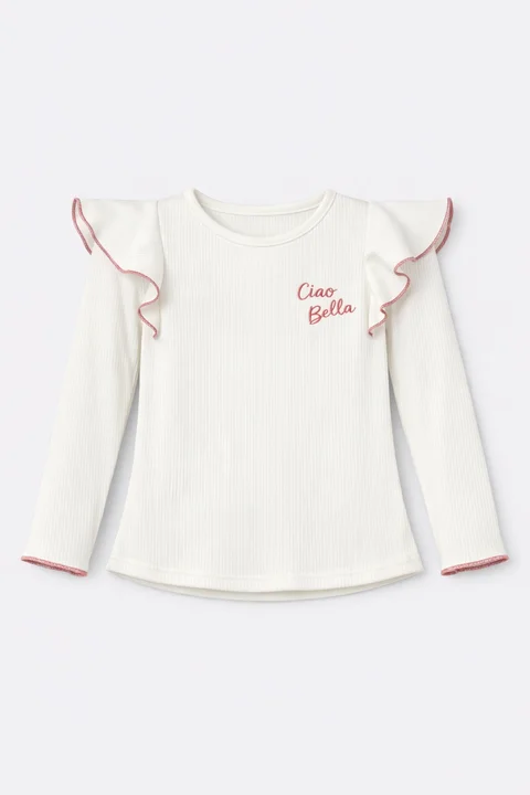 Remera de nena de morley vintage con volados con rulotex y bordado al tono en combinacion