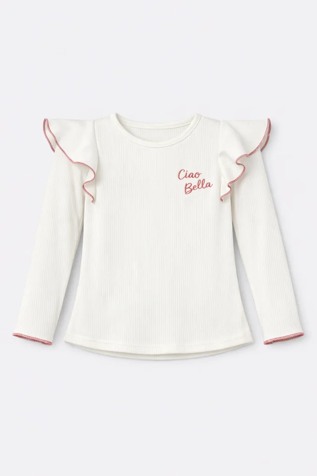 Remera de nena de morley vintage con volados con rulotex y bordado al tono en combinacion