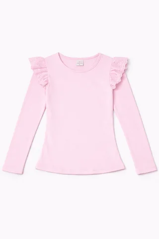 Remera manga larga de nena lisa con brodery calado ancho al tono en el hombro - Vista 3