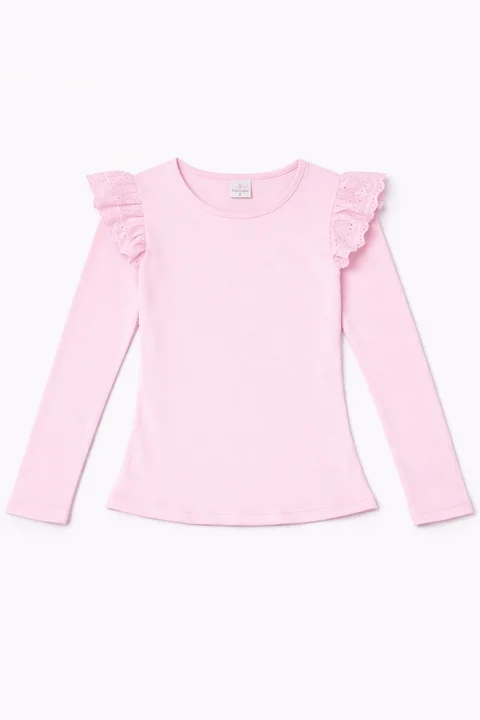 Remera manga larga de nena lisa con brodery calado ancho al tono en el hombro