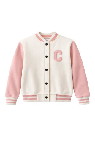 Campera universitaria de niña con puños, cuello y cintura tejida combinada con aplique bordado - Vista 2