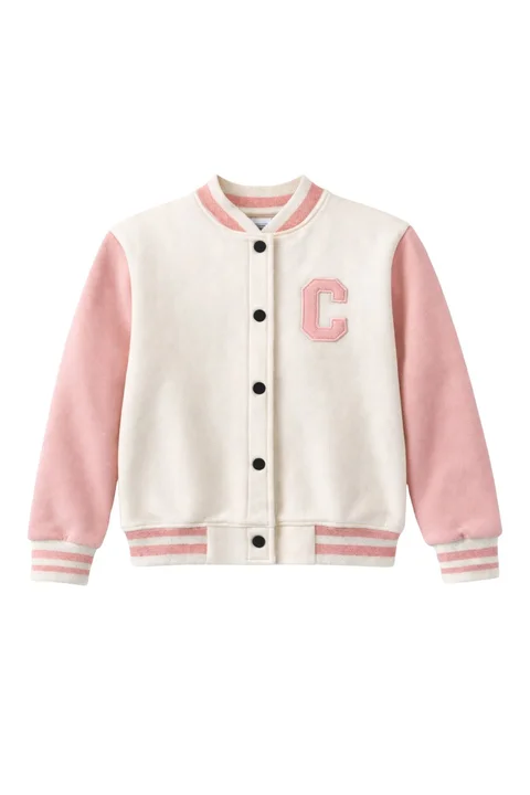 Campera universitaria de niña con puños, cuello y cintura tejida combinada con aplique bordado