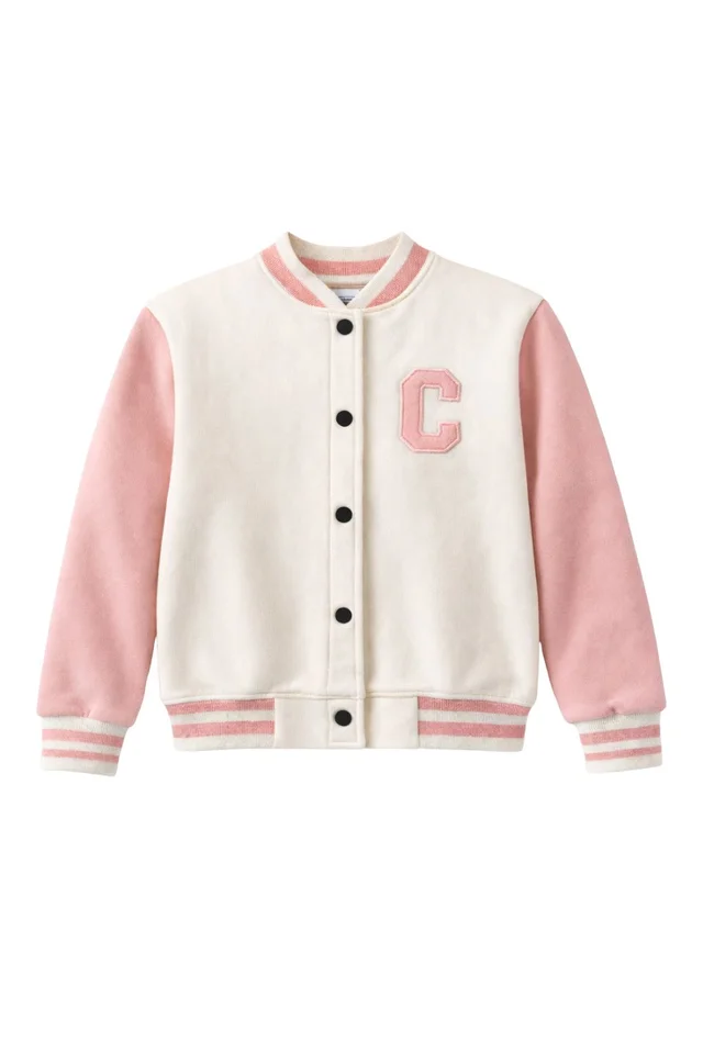 Campera universitaria de niña con puños, cuello y cintura tejida combinada con aplique bordado