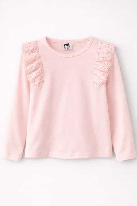 Remera de niña manga larga lisa con brodery calado al tono en frente