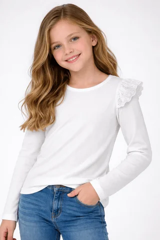Remera manga larga de nena lisa con brodery calado ancho al tono en el hombro - Vista 5