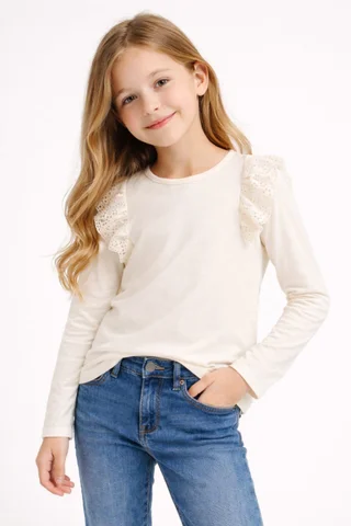 Remera de niña manga larga lisa con brodery calado al tono en frente - Vista 1