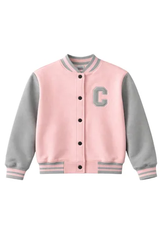 Campera universitaria de niña con puños, cuello y cintura tejida combinada con aplique bordado - Vista 4