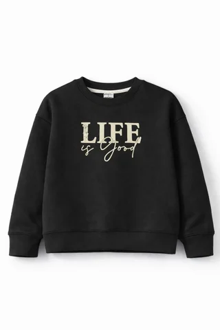 Buzo de friza de niña con estampa “Life” y mangas caídas - Vista 3