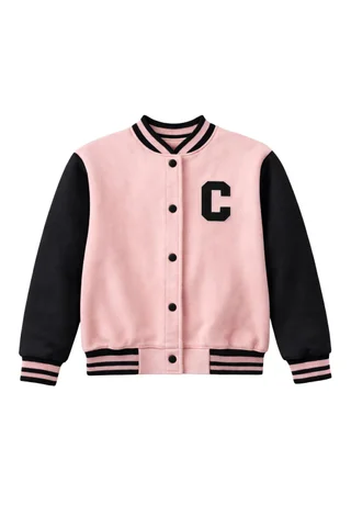 Campera universitaria de niña con puños, cuello y cintura tejida combinada con aplique bordado - Vista 3