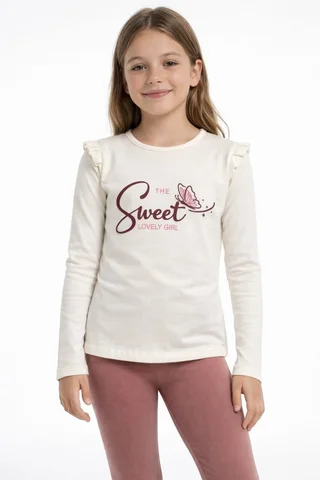 Remera de nena manga larga con volados en hombros y estampa “sweet” en relieve - Vista 1