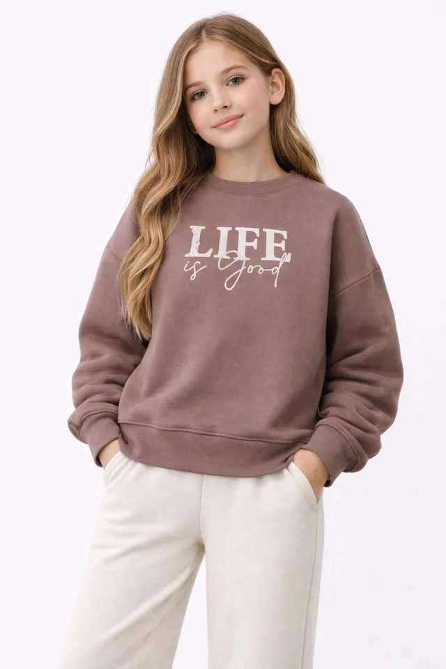 Buzo de friza teen con estampa “Life” y mangas caídas