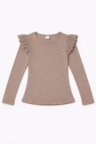 Remera manga larga de nena lisa con brodery calado ancho al tono en el hombro - Vista 4