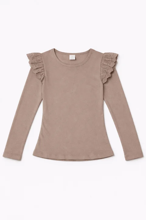 Remera manga larga de nena lisa con brodery calado ancho al tono en el hombro