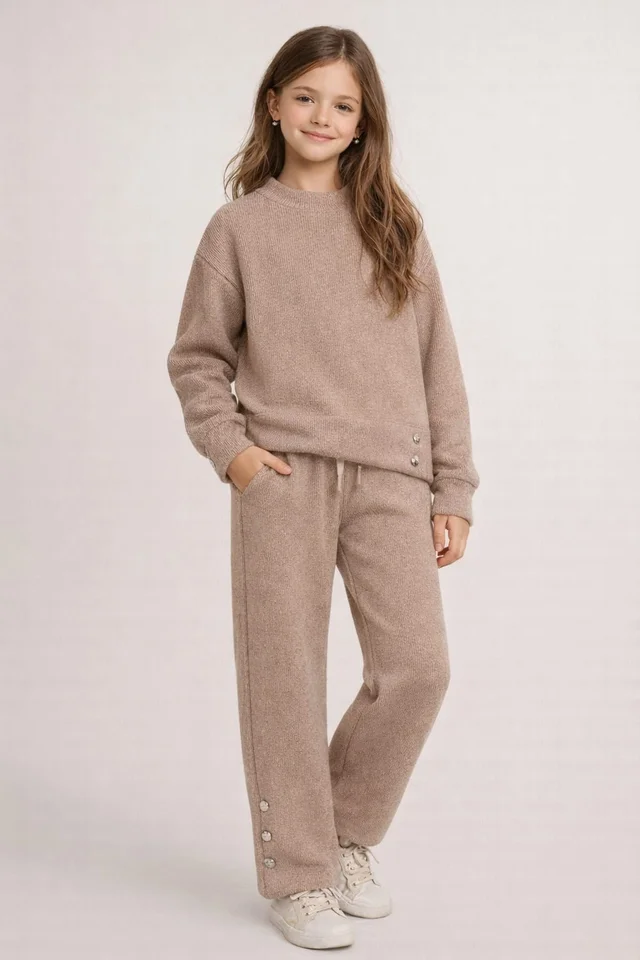 Conjunto de lanilla niña de buzo y pantalón con botones en combinación