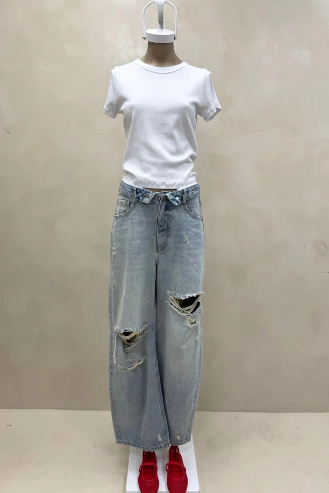 JEAN WIDE CINTURA DOBLADA ROTURAS