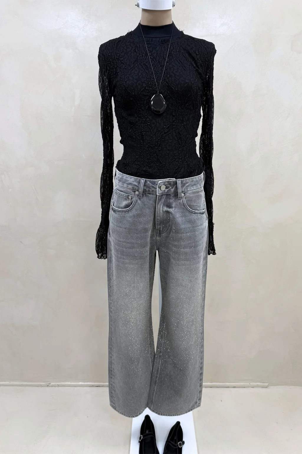 Jean Wide Grey Strass - 0