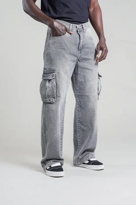 325- Jean wide leg cargo GREY