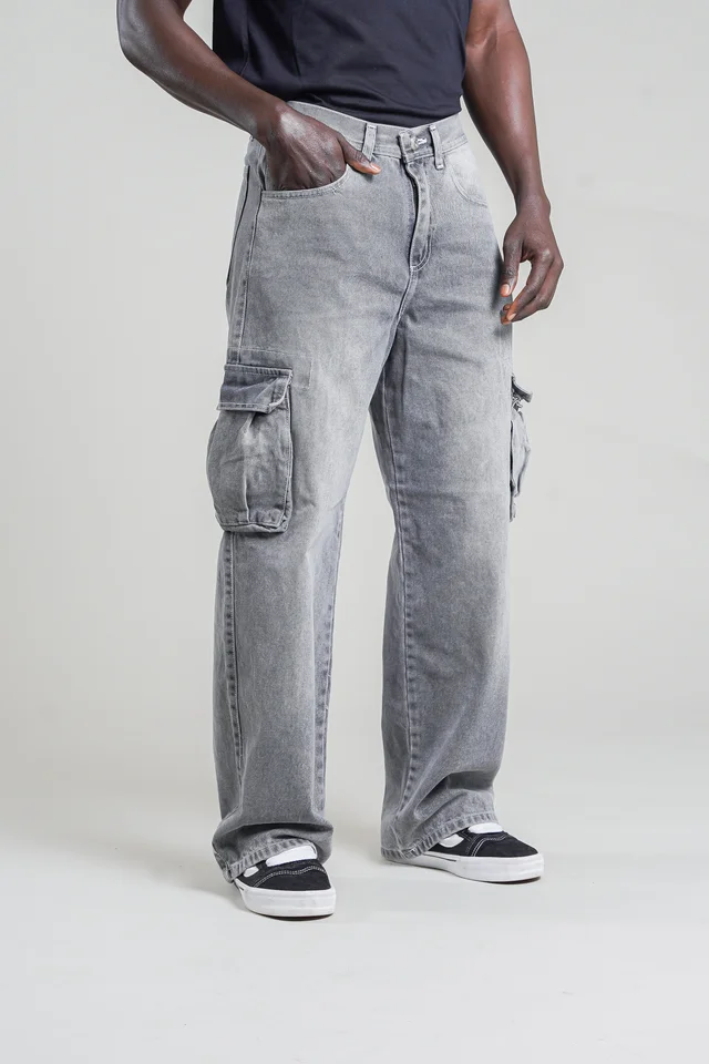 325- Jean wide leg cargo GREY